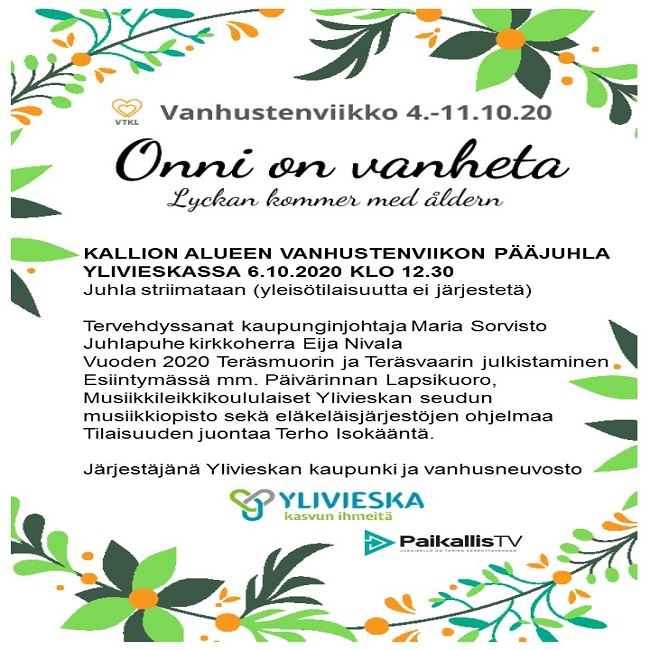 Onni on vanheta - Kallion alueen vanhustenviikon pääjuhla 6.10.2020 klo 12.30. Juhla on tallennettu etukäteen