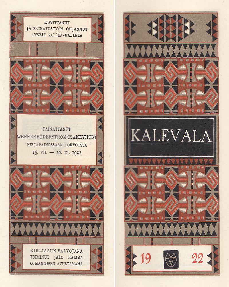 Akseli Gallen-Kallelan kuvittaman vuonna 1922 ilmestyneen Kalevalan ornamenttisomisteiset nimiölehdet.