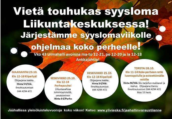 Syyslomaviikon ohjelmaa Liikuntakeskuksessa 23.-28.10.2023