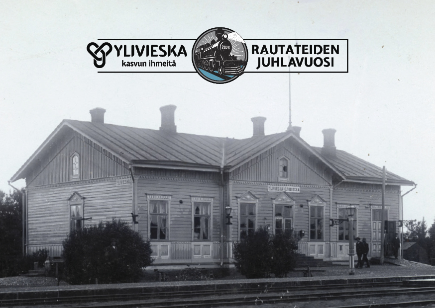 Ylivieska rautateiden juhlavuoden postikortti vanha rautatieasema